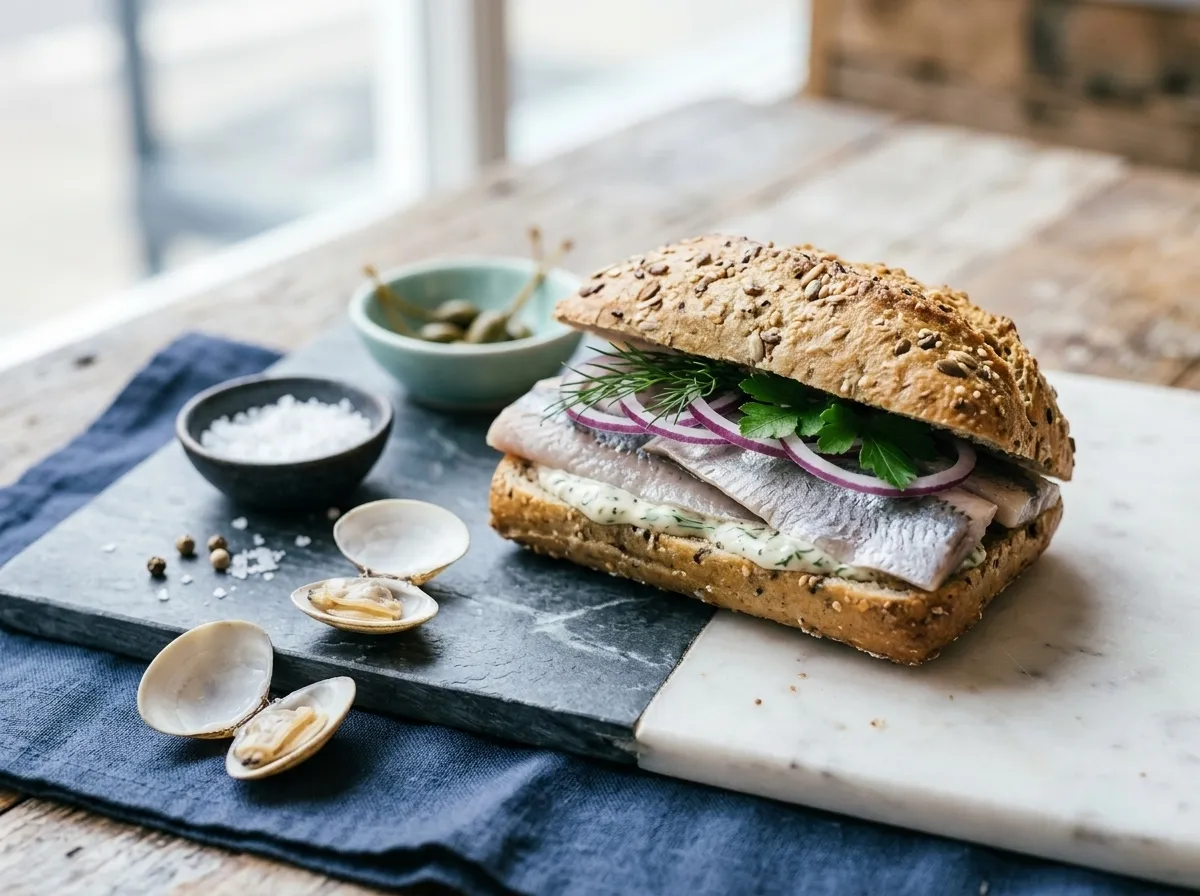 Frisches Fischbrötchen mit Fisch, Zwiebeln und Remoulade