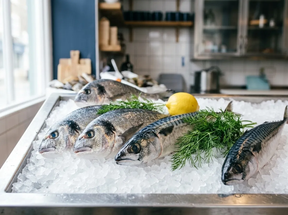 Frischer ganzer Fisch auf Eis mit Zitrone und Dill