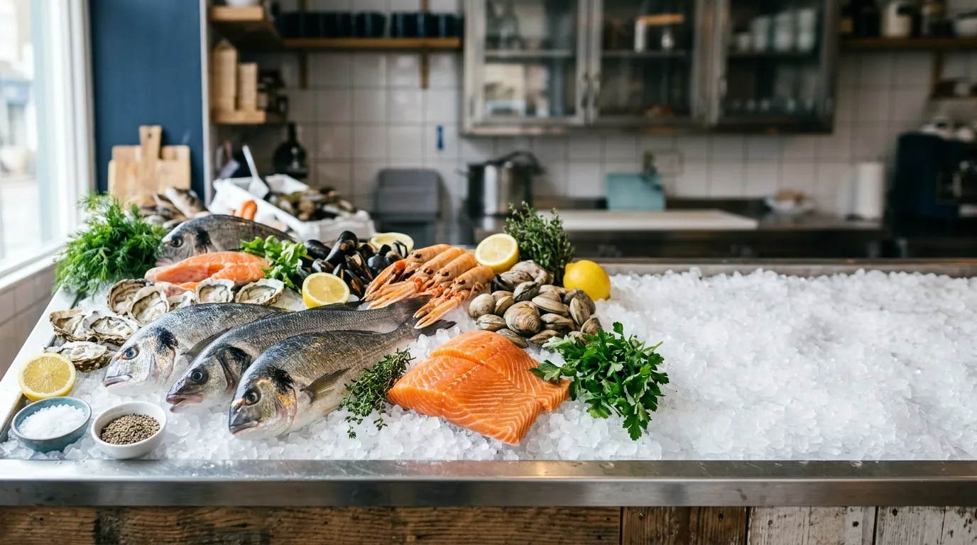 Frische Fischtheke bei Akin's Seafood mit Fisch und Meeresfrüchten auf Eis