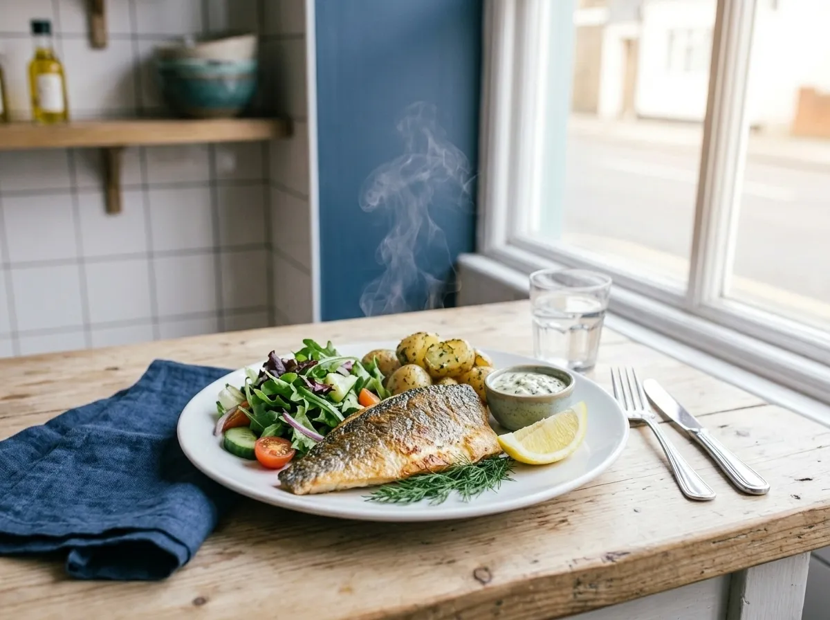 Warmes Mittagsgericht: gebratenes Fischfilet mit Salat und Kartoffeln